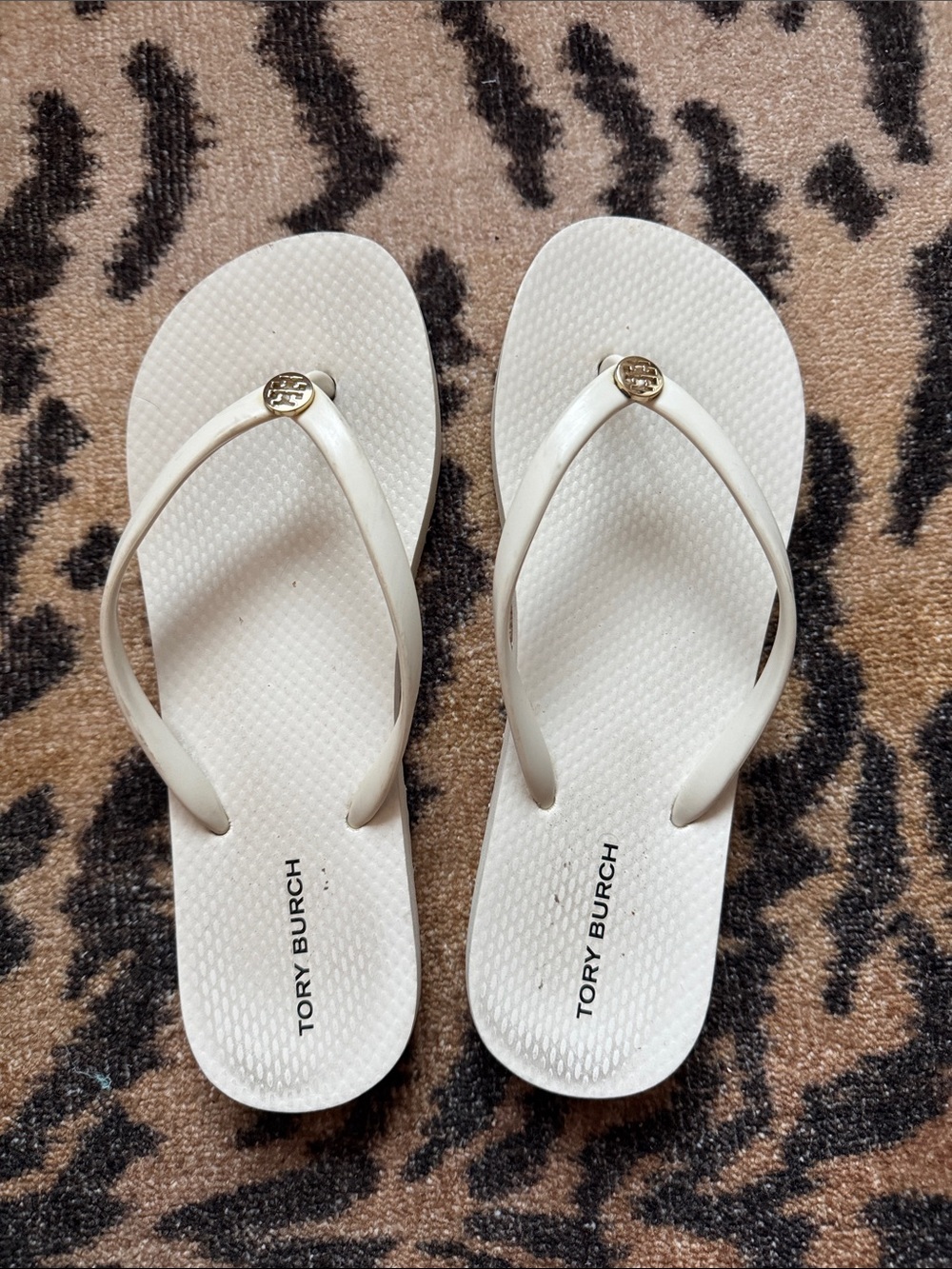 Tory Burch White Logo Flip Flop Sandals